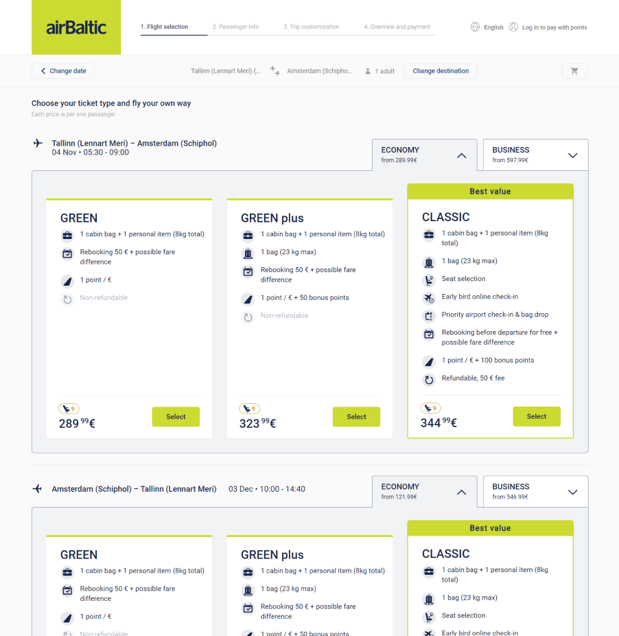 airBaltic booking interface