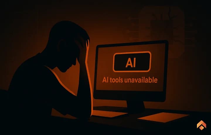 Frustrated person at desk facing computer showing AI tools unavailable, illustrating workplace dependence on AI