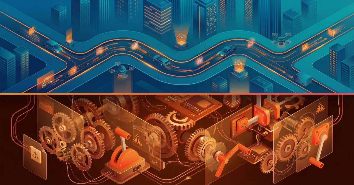 Illustration showing frictionless user flows above and complex system mechanics below.