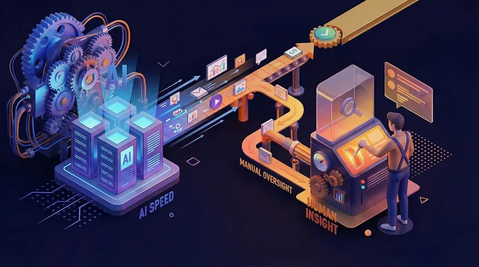 Illustration comparing AI automation with human oversight in a shared workflow.