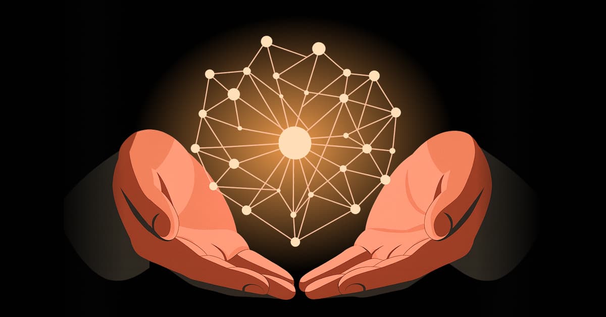 Hands holding a glowing AI network, symbolizing shared AI discoveries.