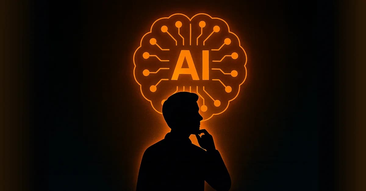 Silhouette of a person thinking in front of glowing AI symbol, representing workplace AI reliance
