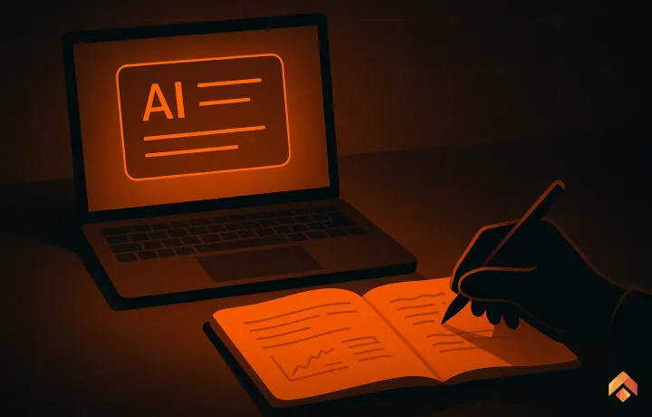 Person writing in notebook beside laptop with AI on screen, symbolizing balance between AI reliance and human skills